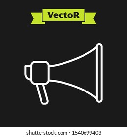 White line Megaphone icon isolated on black background. Speaker sign.  Vector Illustration