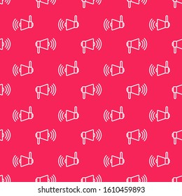 White line Megaphone icon isolated seamless pattern on red background. Loud speach alert concept. Bullhorn for Mouthpiece scream promotion.  Vector Illustration