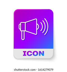 White line Megaphone icon isolated on white background. Loud speach alert concept. Bullhorn for Mouthpiece scream promotion. Rectangle color button. Vector Illustration