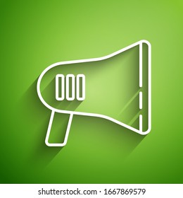 White line Megaphone icon isolated on green background. Loud speach alert concept. Bullhorn for Mouthpiece scream promotion.  Vector Illustration