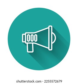 White line Megaphone icon isolated with long shadow background. Speaker sign. Green circle button. Vector
