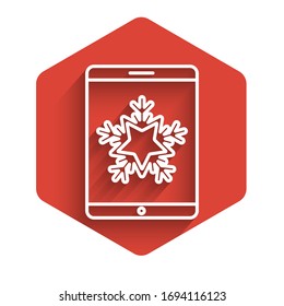 White line Merry Christmas on smartphone and snowflake icon isolated with long shadow. Happy New Year. Red hexagon button. Vector Illustration