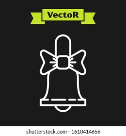 White line Merry Christmas ringing bell icon isolated on black background. Alarm symbol, service bell, handbell sign, notification.  Vector Illustration
