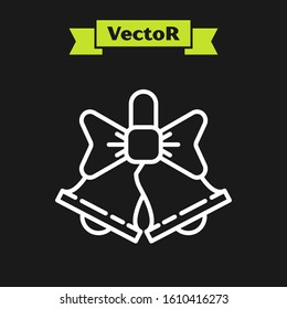 White line Merry Christmas ringing bell icon isolated on black background. Alarm symbol, service bell, handbell sign, notification.  Vector Illustration