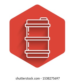 White line Metal beer keg icon isolated with long shadow. Red hexagon button. Vector Illustration