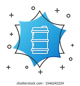 White line Metal beer keg icon isolated on white background. Blue hexagon button. Vector Illustration