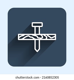 White line Metallic nail and wood plank icon isolated with long shadow background. Blue square button. Vector