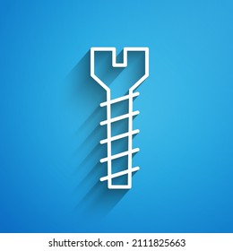 White line Metallic screw icon isolated on blue background. Long shadow. Vector Illustration
