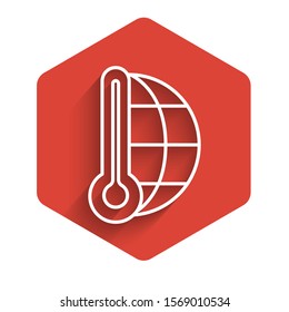 White line Meteorology thermometer measuring heat and cold icon isolated with long shadow. Thermometer equipment showing hot or cold weather. Red hexagon button. Vector Illustration