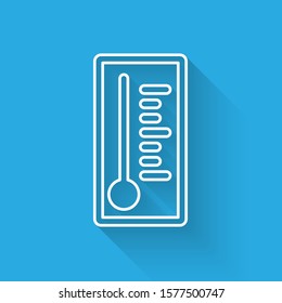 White line Meteorology thermometer measuring heat and cold icon isolated with long shadow. Thermometer equipment showing hot or cold weather.  Vector Illustration