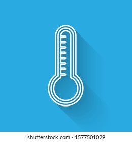 White line Meteorology thermometer measuring heat and cold icon isolated with long shadow. Thermometer equipment showing hot or cold weather.  Vector Illustration