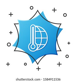 White line Meteorology thermometer measuring heat and cold icon isolated on white background. Thermometer equipment showing hot or cold weather. Blue hexagon button. Vector Illustration