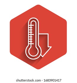 White line Meteorology thermometer measuring icon isolated with long shadow. Thermometer equipment showing hot or cold weather. Red hexagon button. Vector Illustration