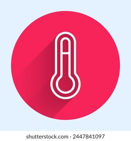 White line Meteorology thermometer measuring icon isolated with long shadow. Thermometer equipment showing hot or cold weather. Red circle button. Vector Illustration