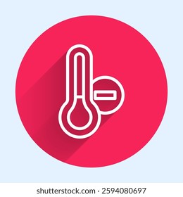 White line Meteorology thermometer measuring icon isolated with long shadow. Thermometer equipment showing hot or cold weather. Red circle button. Vector