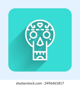 White line Mexican skull icon isolated with long shadow. Green square button. Vector