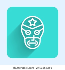 White line Mexican wrestler icon isolated with long shadow. Green square button. Vector