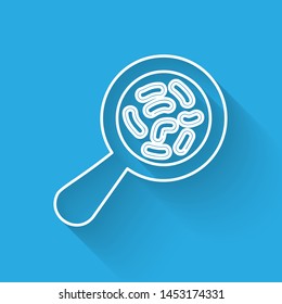 White line Microorganisms under magnifier icon isolated with long shadow. Bacteria and germs, cell cancer, microbe, virus, fungi.  Vector Illustration