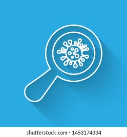 White line Microorganisms under magnifier icon isolated with long shadow. Bacteria and germs, cell cancer, microbe, virus, fungi.  Vector Illustration