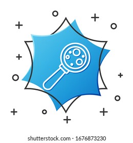 White line Microorganisms under magnifier icon isolated on white background. Bacteria and germs, cell cancer, microbe, virus, fungi. Blue hexagon button. Vector Illustration