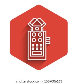 White line Microphone icon isolated with long shadow. On air radio mic microphone. Speaker sign. Red hexagon button. Vector Illustration