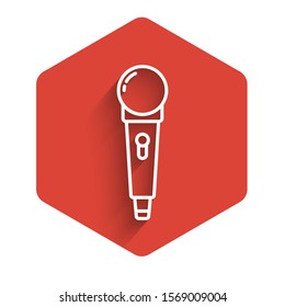 White line Microphone icon isolated with long shadow. On air radio mic microphone. Speaker sign. Red hexagon button. Vector Illustration