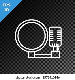 White line Microphone icon isolated on transparent dark background. On air radio mic microphone. Speaker sign.  Vector Illustration