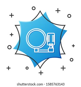 White line Microphone icon isolated on white background. On air radio mic microphone. Speaker sign. Blue hexagon button. Vector Illustration