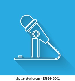 White line Microphone icon isolated with long shadow. On air radio mic microphone. Speaker sign.  Vector Illustration