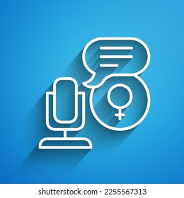 White line Microphone icon isolated on blue background. On air radio mic microphone. Speaker sign. Long shadow. Vector