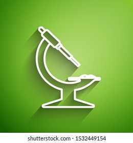 White line Microscope icon isolated on green background. Chemistry, pharmaceutical instrument, microbiology magnifying tool.  Vector Illustration