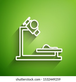 White line Microscope icon isolated on green background. Chemistry, pharmaceutical instrument, microbiology magnifying tool.  Vector Illustration