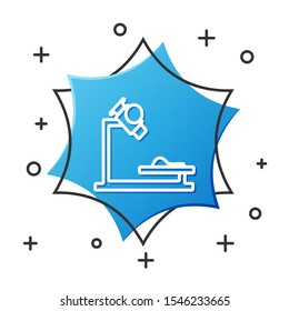 White line Microscope icon isolated on white background. Chemistry, pharmaceutical instrument, microbiology magnifying tool. Blue hexagon button. Vector Illustration