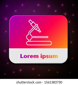 White line Microscope icon isolated on black background. Chemistry, pharmaceutical instrument, microbiology magnifying tool. Rectangle color button. Vector Illustration