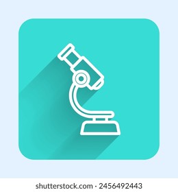 White line Microscope icon isolated with long shadow. Chemistry, pharmaceutical instrument, microbiology magnifying tool. Green square button. Vector