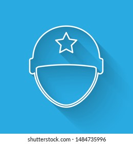 White line Military helmet icon isolated with long shadow. Army hat symbol of defense and protect. Protective hat.  Vector Illustration