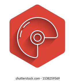 White line Military helmet icon isolated with long shadow. Army hat symbol of defense and protect. Protective hat. Red hexagon button. Vector Illustration