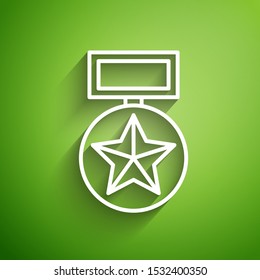 White line Military reward medal icon isolated on green background. Army sign.  Vector Illustration