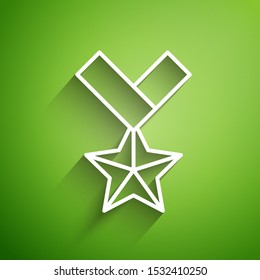 White line Military reward medal icon isolated on green background. Army sign.  Vector Illustration