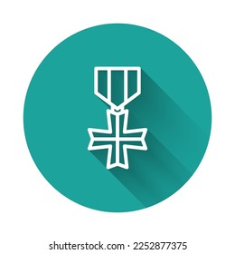 White line Military reward medal icon isolated with long shadow background. Army sign. Green circle button. Vector