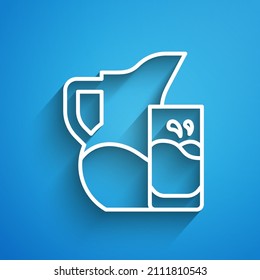 White line Milk jug or pitcher and glass icon isolated on blue background. Long shadow. Vector