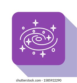 White line Milky way spiral galaxy with stars icon isolated on white background. Purple square button. Vector Illustration