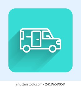 White line Minibus icon isolated with long shadow. Green square button. Vector