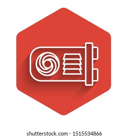 White line Mining farm icon isolated with long shadow. Cryptocurrency mining, blockchain technology, bitcoin, digital money market, wallet. Red hexagon button. Vector Illustration