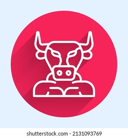 White line Minotaur icon isolated with long shadow. Mythical greek powerful creature the half human bull legendary minotaur from cretan labyrinth. Red circle button. Vector