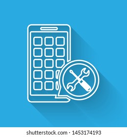 White line Mobile Apps with screwdriver and wrench icon isolated with long shadow. Adjusting, service, setting, maintenance, repair, fixing.  Vector Illustration