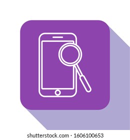 White line Mobile phone diagnostics icon isolated on white background. Adjusting app, service, setting options, maintenance, repair, fixing. Purple square button. Vector Illustration