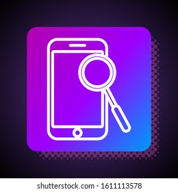 White line Mobile phone diagnostics icon isolated on black background. Adjusting app, service, setting options, maintenance, repair, fixing. Square color button. Vector Illustration