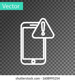 White Line Mobile Phone With Exclamation Mark Icon Isolated On Transparent Background. Alert Message Smartphone Notification.  Vector Illustration