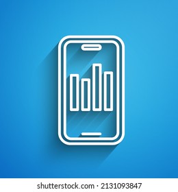 Teléfono móvil de línea blanca con icono de gráfico gráfico gráfico aislado en fondo azul. Informe del archivo de texto. Signo de contabilidad. Auditoría, análisis, planificación. Larga sombra. Vector